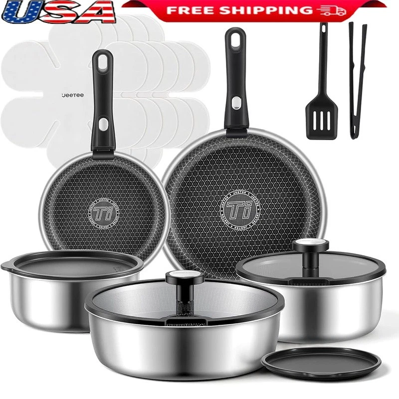 Tri-Ply Stainless Steel Cookware Set Nonstick 18pcs Space Saving Cookware New