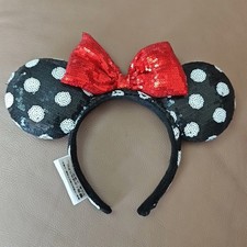 Disney.Parks Polka Dot Red Bow Black Minnie Mickey Mouse Sequin Ears Headband