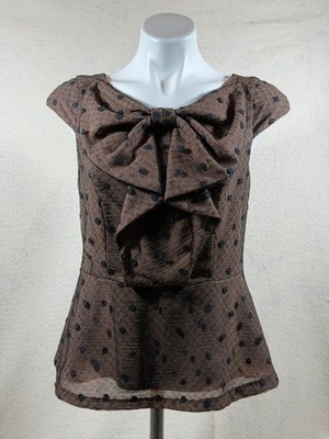 Anthropologie Tabitha Bow Front Blouse Womens 8 Polka Dot Mesh Peplum Lined