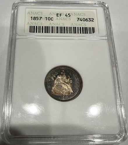 1857 Seated Liberty Dime Silver 10C Coin ANACS XF45 Soapbox Holder EF45 (G6)