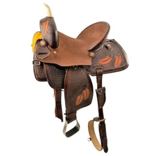 Hard Seat Barrel Style Western Saddle with Feather Tooling Full QH Bars 15" NEW