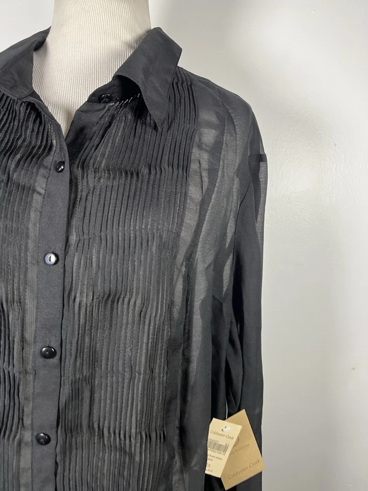 Nueva Camisa Top Coldwater Creek 2X Negra Transparente Botón Frontal Manga Larga Escondida V4 Foto 2 de 4