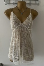 Y2K Vtg Ivory Lace Eyelet Babydoll Sheer Plunge Back Cami Coquette Angel XS/S