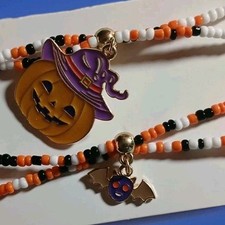 Festive Halloween Beaded Bracelets, Set Of 2. Big Pumpkin, Bat Colorful, Fun 