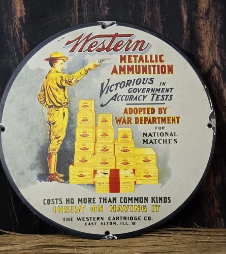 VINTAGE WESTERN METALLIC AMMUNITION PORCELAIN SIGN GUN AMMO 12"