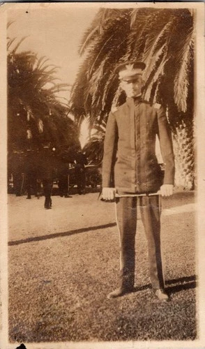 1915 WWI Era Photo Young Man Military Uniform Baton Palm Trees A. Bigger Sepia