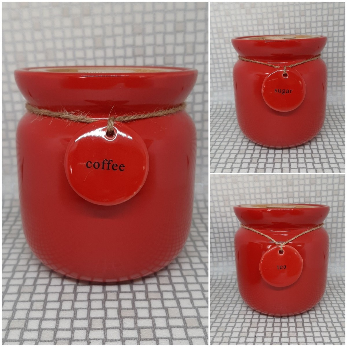Dunelm Hangtag Tea Coffee Sugar Canisters Set Red Stoneware Kitchen Storage  Jars - Main Image