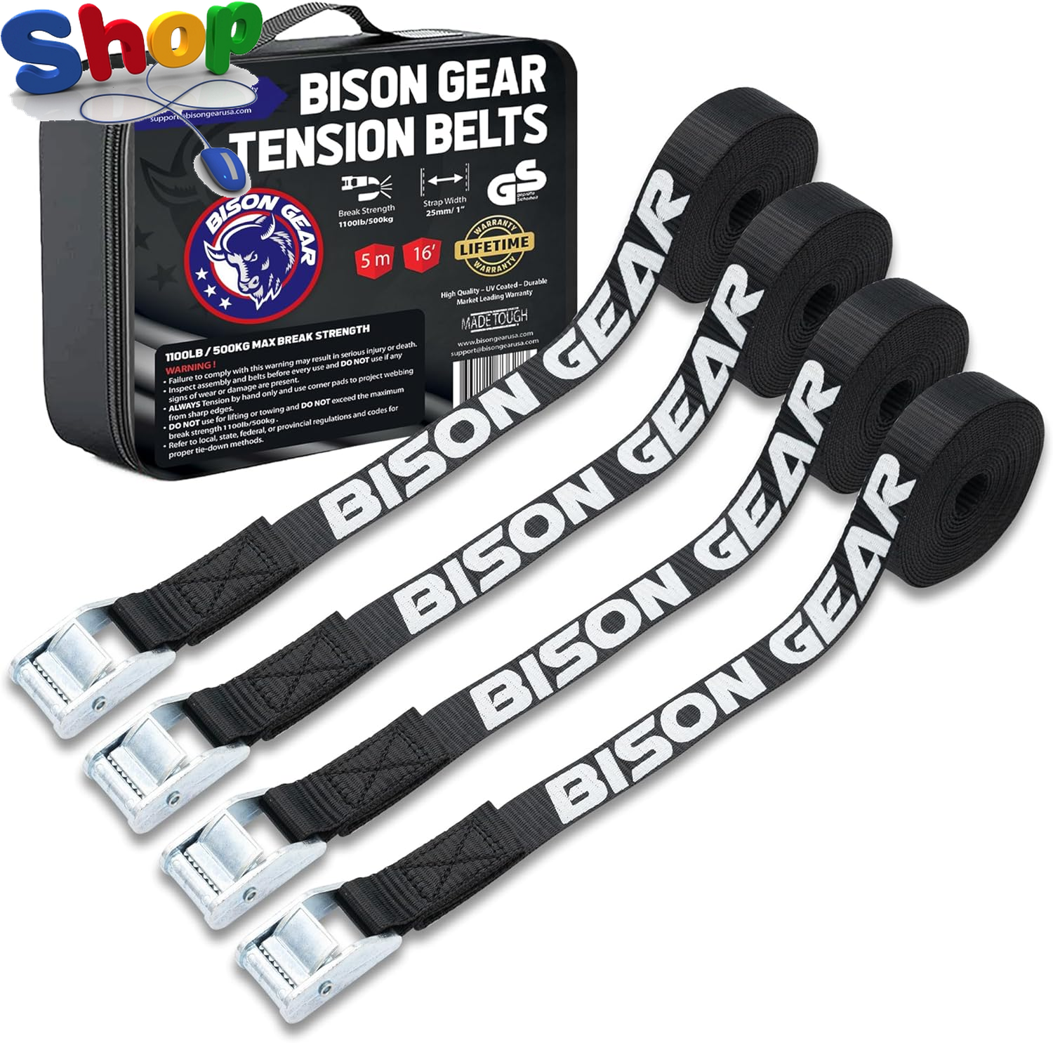 Bison  Gear  Premium  Tie  down  Straps -  Car  Roof  Rack  Straps  for  Surfboa