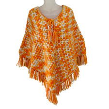 Crochet Knit Granny Poncho Shawl Afghan Handmade Orange and White One Size VTG