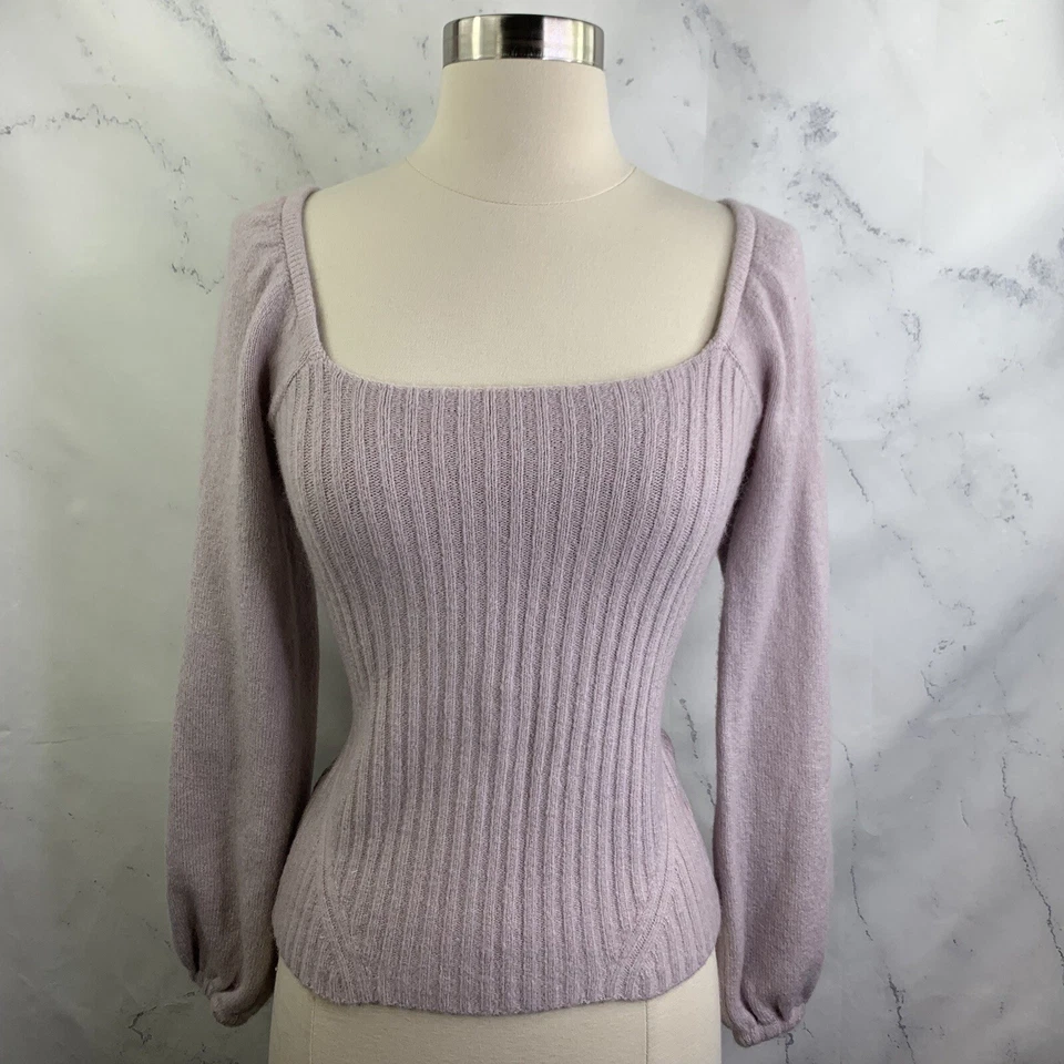 Blusa Suéter Acanalada Halógena Coqueta Manga Globo Mezcla Lana Lavanda Foto 3 de 4