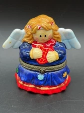 Round Hinged Trinket Box Angel Holding a Heart Christmas Holiday - Vintage
