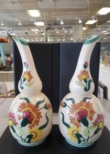 Vtg Pair Of Milk Glass Single Stem Long Curved Neck Hand Painted Floral Vase 