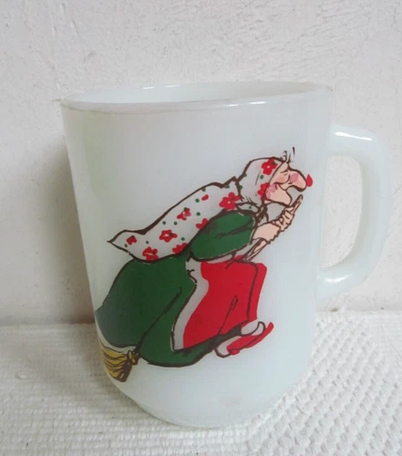 Norwegian Kitchen Witch mug Fire King Anchor Hocking  Good luck Milk glass  HTF
