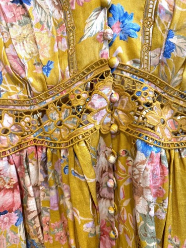 Zimmermann August Plunge Mini Dress | Mustard Floral, Puff Sleeves, Embroidery - Picture 8 of 10