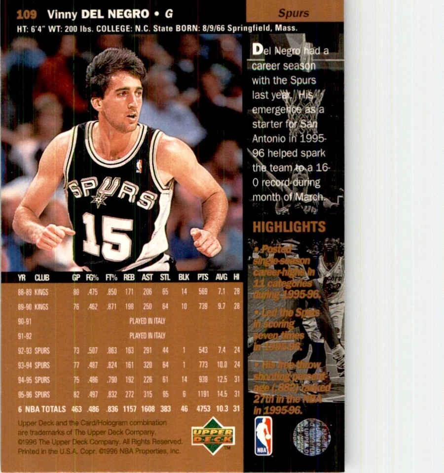 1996-97 Upper Deck Vinny Del Negro Basketball Cards #109 - Image 2 of 2