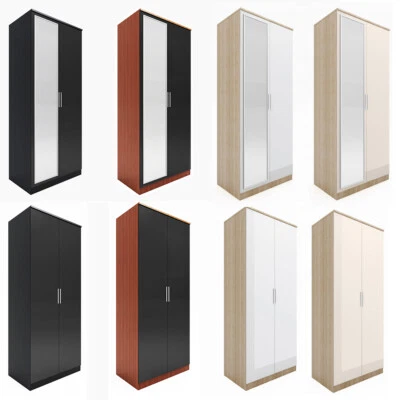 ELEGANT Multicolor High Gloss 2 Door Wardrobe with Mirror Storage Rail Bedroom Furniture