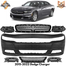 Front Bumper Cover Primed Plastic & Headlights Kit For 2015-2022 Dodge Charger