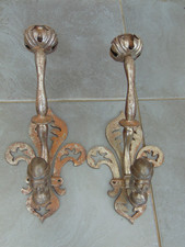 Pair Antique French Chateau Reclaimed Iron Wall Candle Sconces w Lady Head Hooks