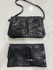 Eel Skin Leather Vintage Purse Clutch Genuine Leather Black Shoulder Bag Set 2