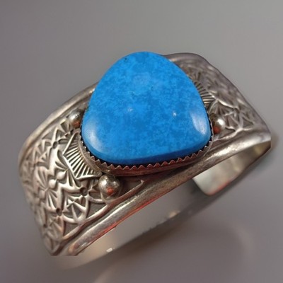 Signed Vintage NAVAJO Hand Stamped Sterling Silver TURQUOISE Cuff