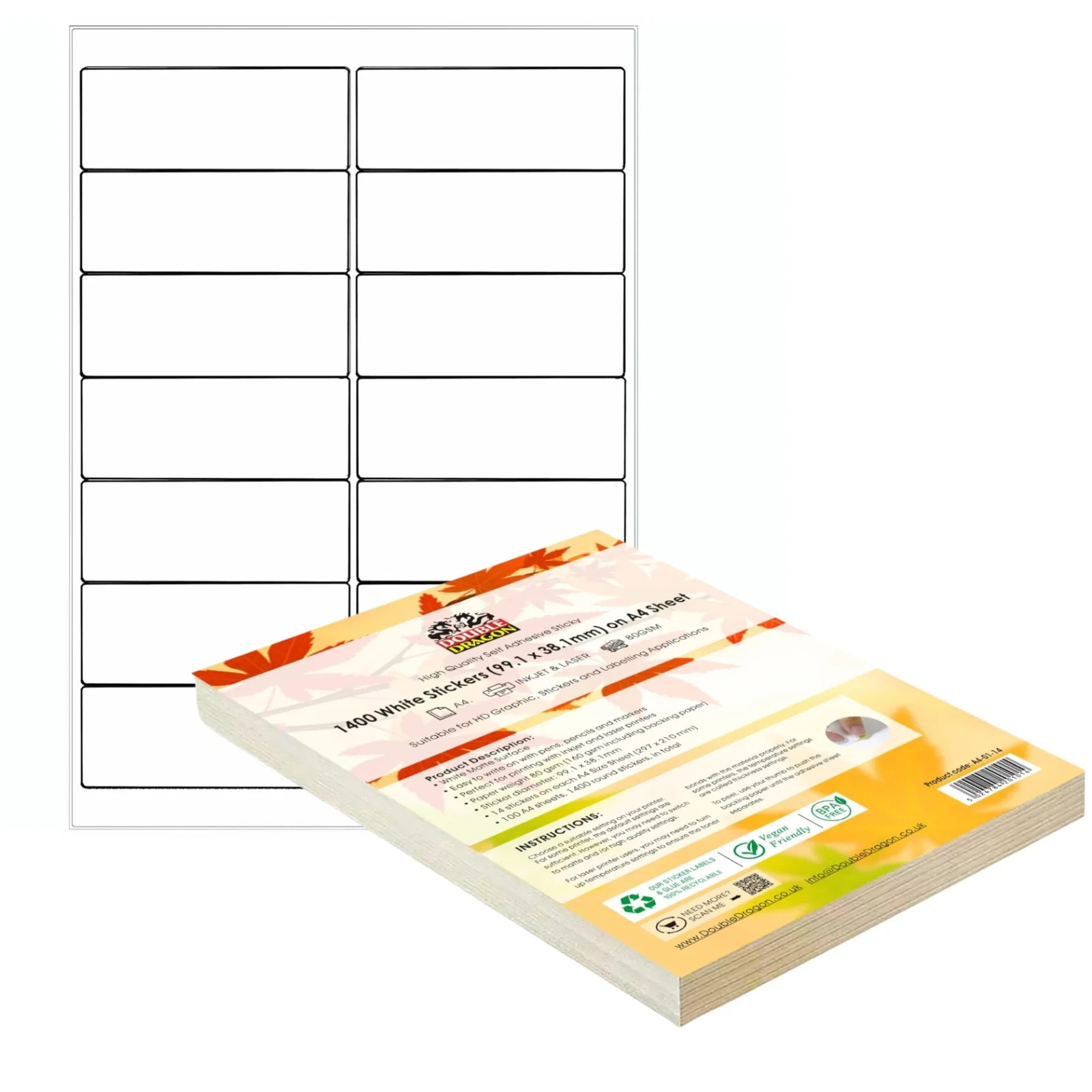 Double Dragon 1400 Self Adhesive Multi-Purpose Labels, 14 Labels Per A4 Sheet