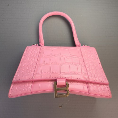 AUTH Balenciaga Hourglass S Pink Crocodile Embossed Crossbody Bag Silver