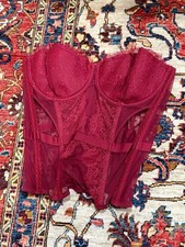 Victoria s Secret Red Lace Corset Bustier 36D Sheer Boned NWT