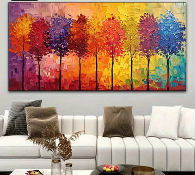 Autumn Trees with Gradient Background Unframed Canvas Painting for Living