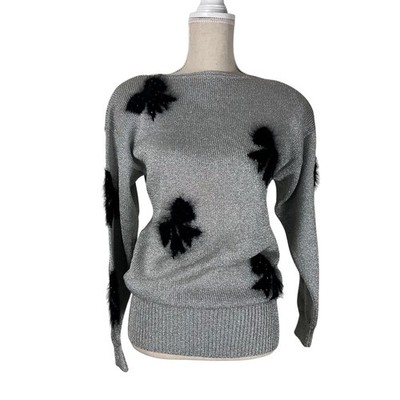 Vintage Smith St. John Metallic Lurex Holiday Sweater Bow Pearl Glam M
