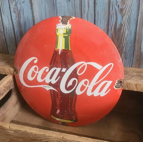 Vintage Coca Cola Coke Bottle Porcelain Soda Pop Advertising Dome Button Sign