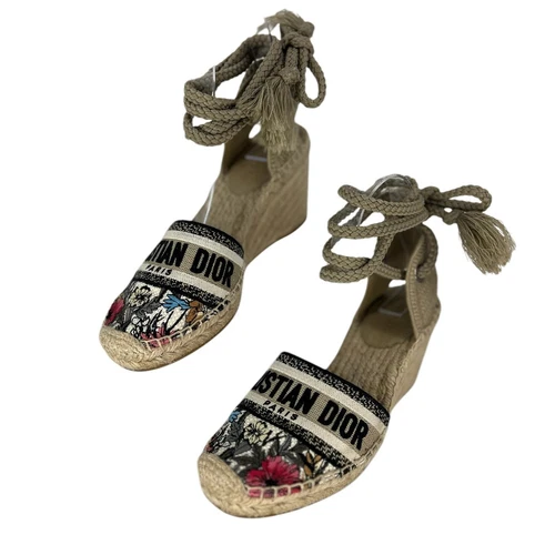 Espadrille cravate cheville compensée Christian Dior toile mille fleurs 65 mm taille 38