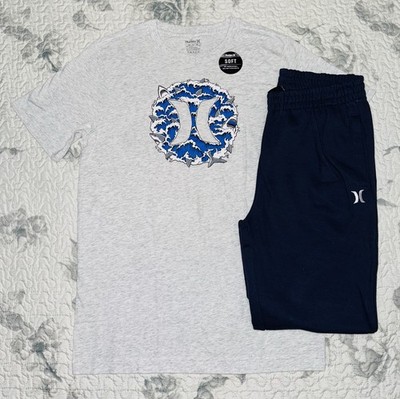 Boys Hurley Gray  Sharks  T-Shirt & Navy Blue Joggers Set Sz/ XL (18-20)