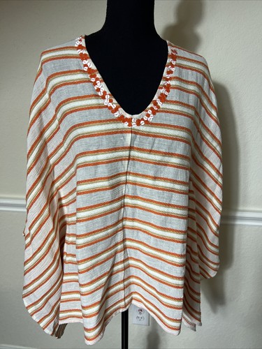 Michael Kors (MY8-50*) Embellished Striped Cotton Poncho Top Orange Sz S $140 - Picture 2 of 6