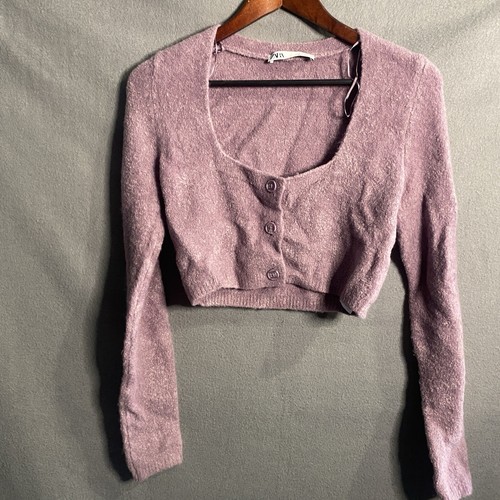 Zara Cropped Sweater Small S Purple Lilac Soft Wool Blend Square Neck Button Tn