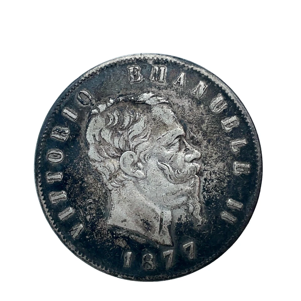 1877 R Italy 5 Lire Vittorio Emanuele II Toned 0.900 Silver Coin KM #8.4 - Image 3 of 4