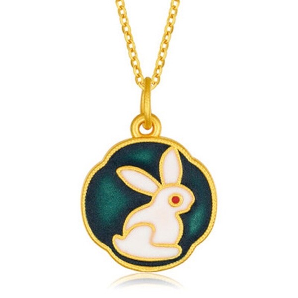 Alternate view of Vintage 18kgp Burn Blue Paint Jade Hare Shaped Pendant Necklace