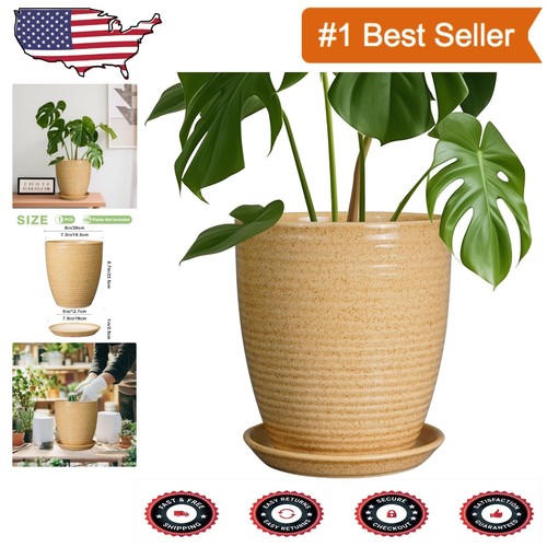 Glossy Yellow 8 Inch Ceramic Planter with Drainage Saucer for Indoor/Outdoor Use