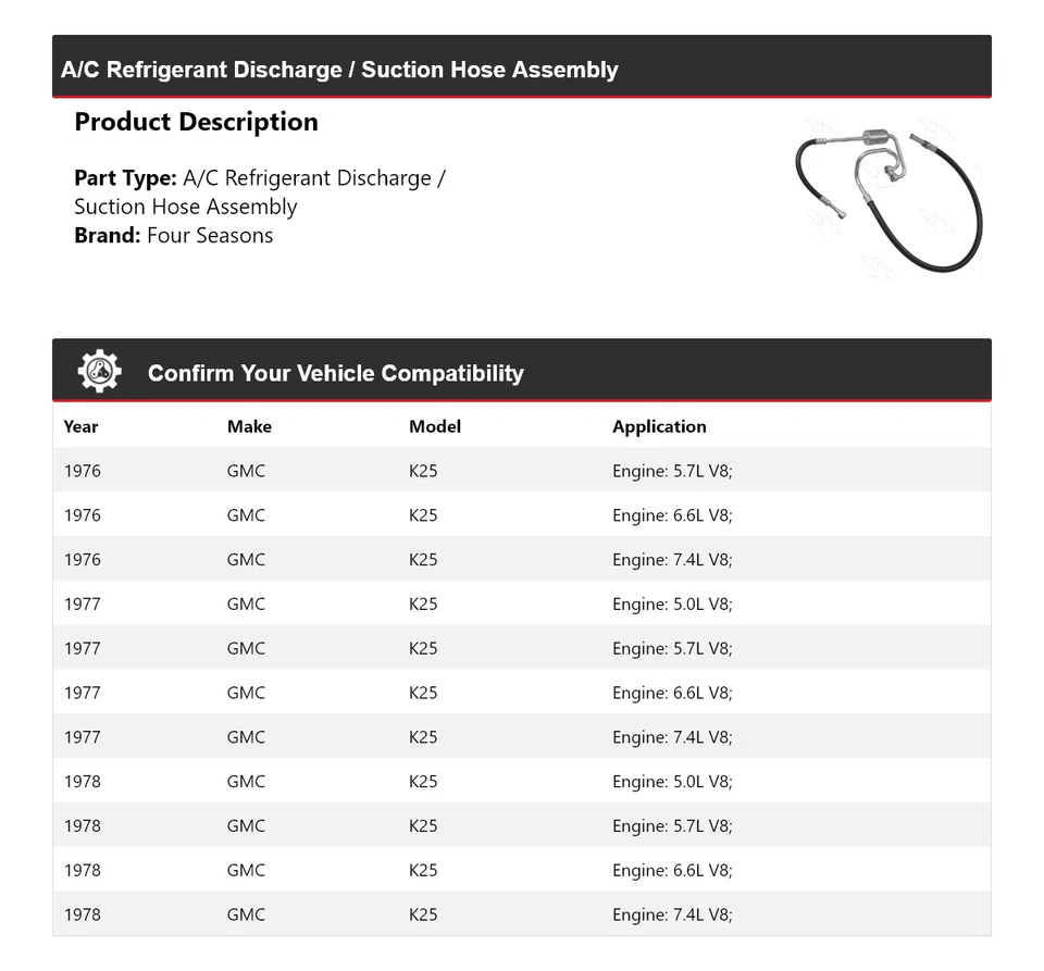 Conjunto de manguera de succión/descarga de refrigerante de CA para GMC K25 1976-1978 4 estaciones Foto 2 de 4