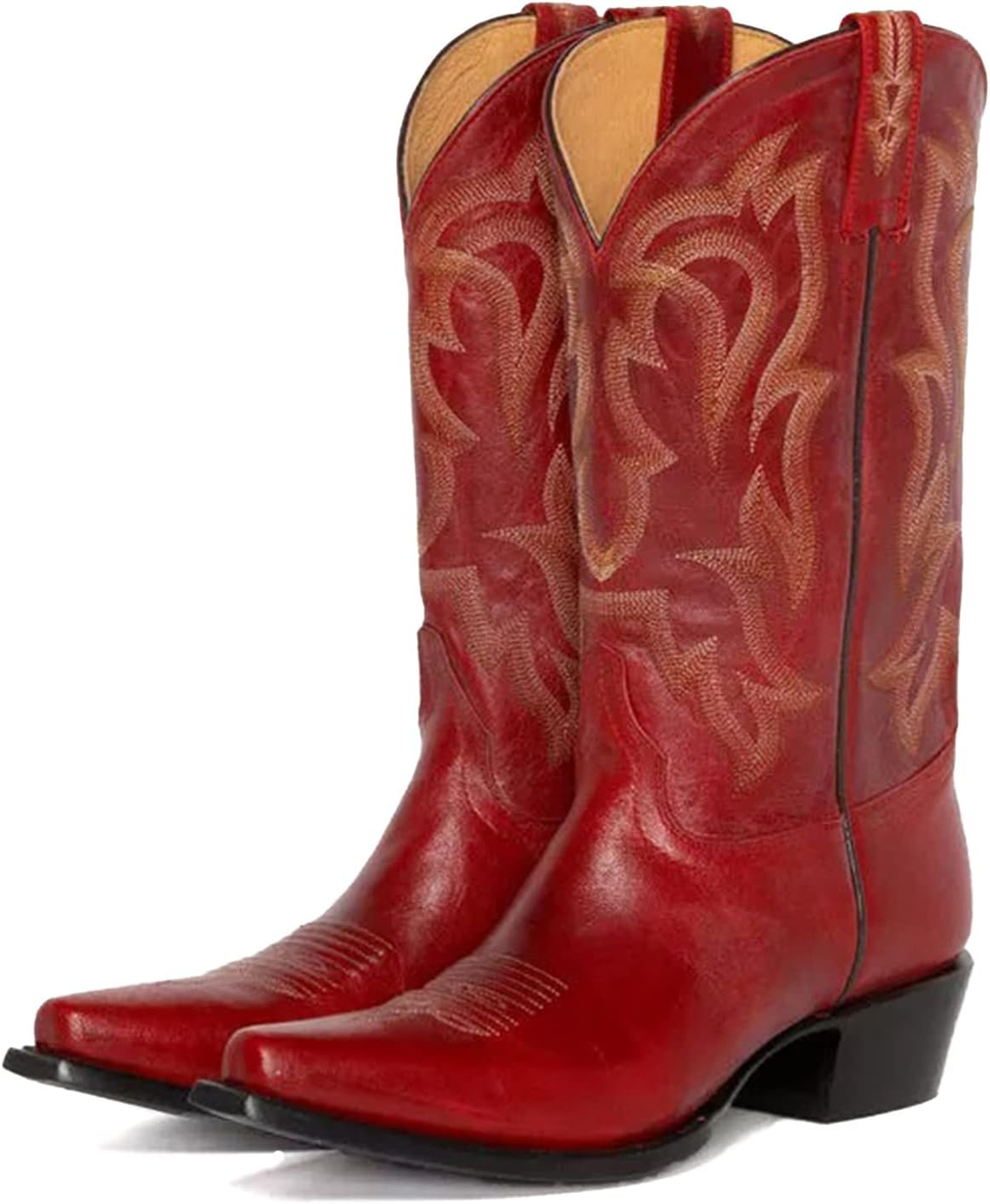 Western Cowboy Boots for Women Wide Calf Low Heel Distressed