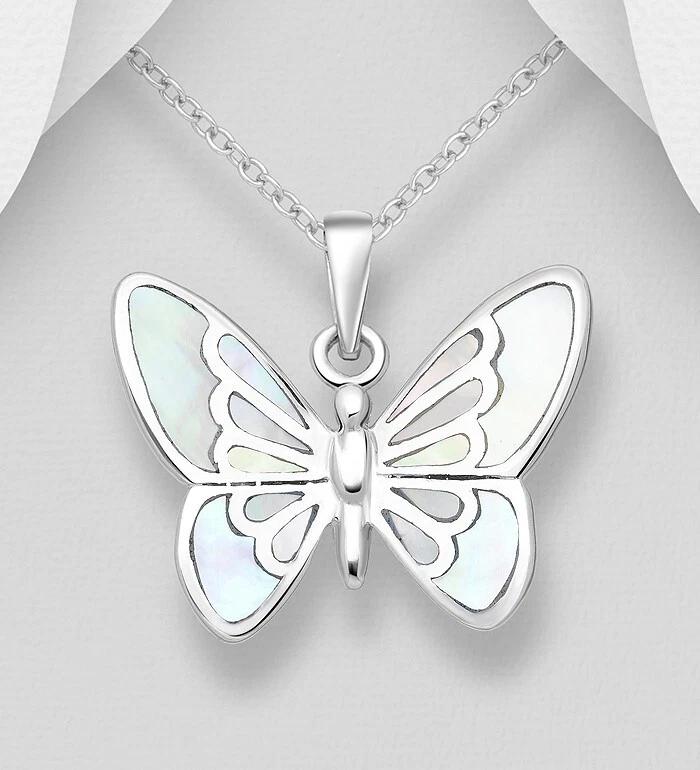 Butterfly Pendant Hallmark 925 Sterling Silver Mother Of Pearl