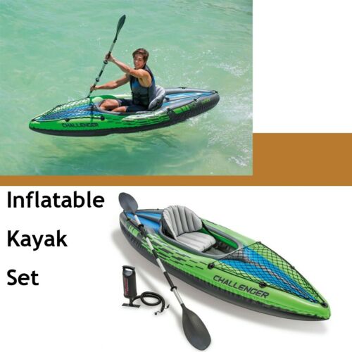 Intex 1 Person Inflatable Challenger K1 Kayak with Aluminum Oars &Air Pump Green