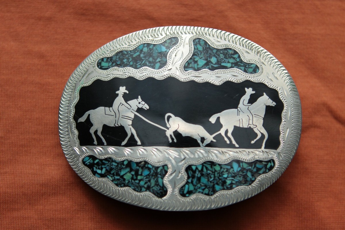 Handmade Vintage Turquoise Inlay Stallion Rodeo Southwestern Womens Belt Buckle Navajo Handmade Turquoise Horse Sterling Silver Belt Buckle  main image 2