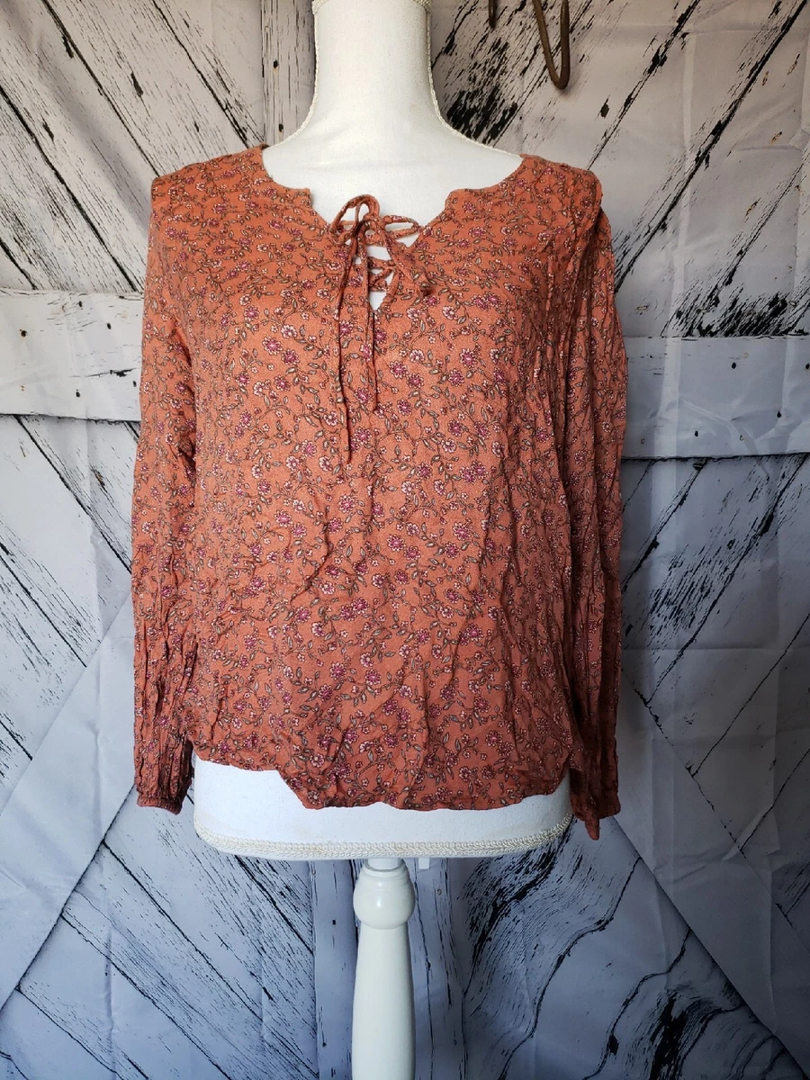 Lucky Brand Women's BOHO Peasant Top Size Sm Tie Front V Neck Hi Low Rust  Brown