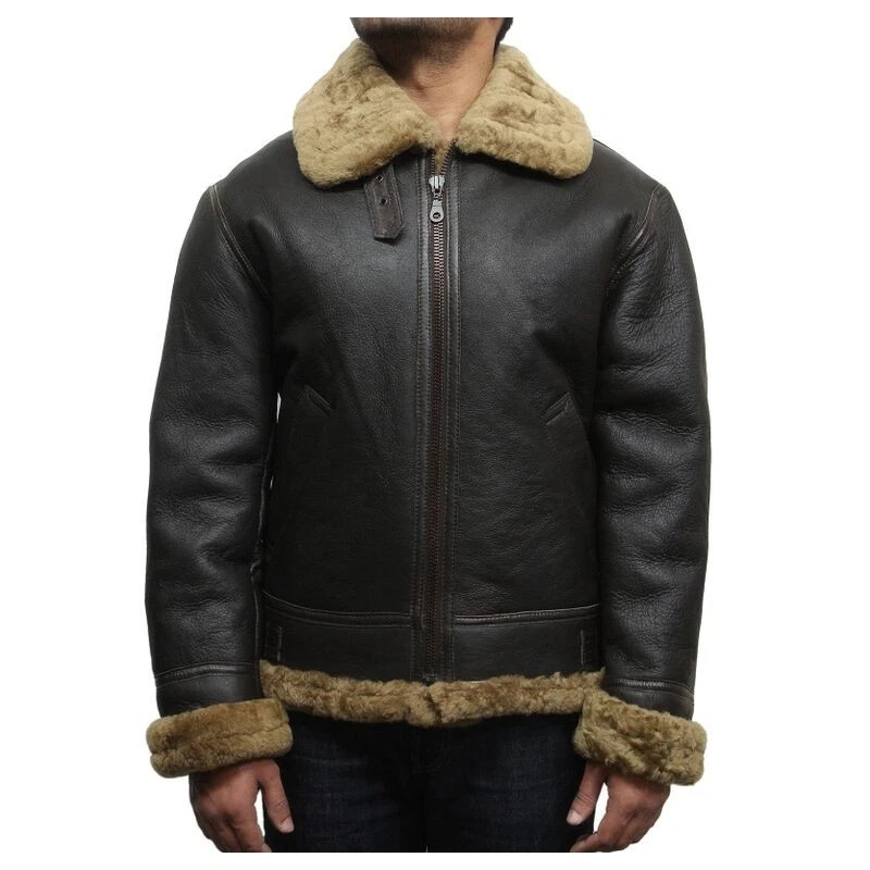 Brandslock Mens Real Shearling Sheepskin Leather B3 Bomber Flying Jacket