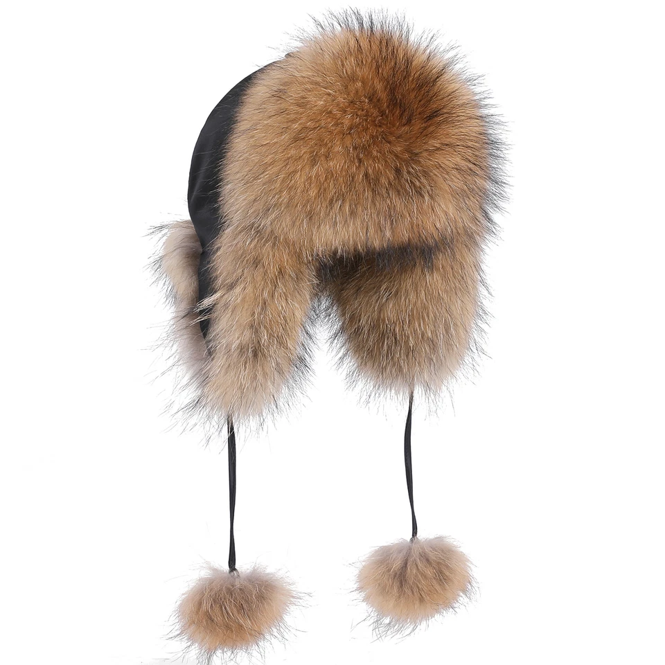 Sombrero de trampero de piel de zorro real para mujer piel de mapache ruso Ushanka oreja solapa gorra de bombardero Foto 3 de 4