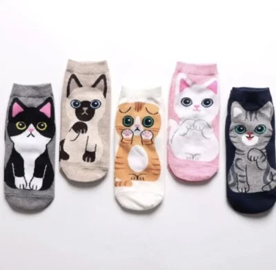 MARKENLOS 5 Paar Sneakersocken Damen Gr. 35-38 neu Bunt Katzen Motiv