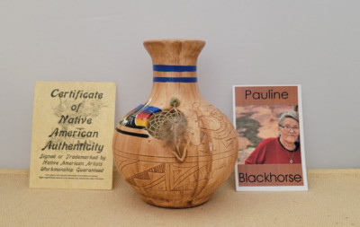 Navajo art etched Handmade Vase with dream catcher by Pauline Blackhorse Signed