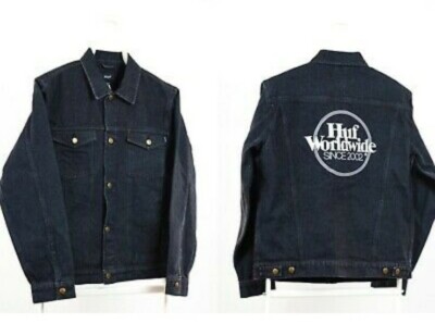 HUF Worldwide 2002 Black Issue Denim Full Button Collar Mens Jean Jacket- Large