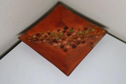 Vintage Mid-Century Modern Enameled Copper Tray Dish Signed RR Red Orange