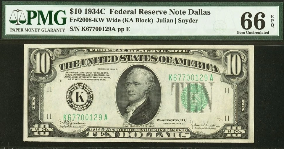 1934C $10 Federal Reserve Note PMG 66EPQ - Dallas - Fr 2008-KW - Image 2 of 3